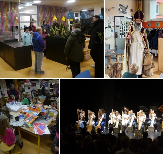 Collage aus den im Text genannten Aktivitäten Nikolaus, Tag der offenen Tür, JeKi-Konzert